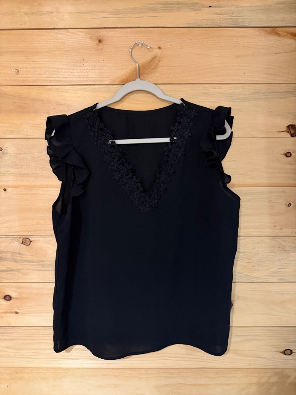SHEIN Black Floral Lace V-Neck Ruffle Sleeve Tank